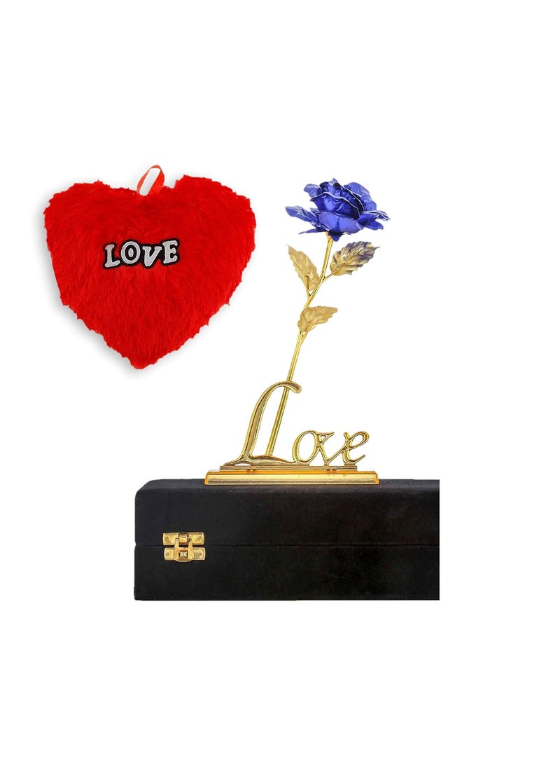 INTERNATIONAL GIFT Blue Rose and Love Stand with Black Velvet Box and Heart Shape Red PillowCushions 25 cm