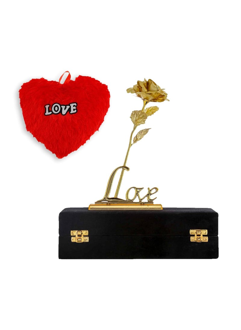 INTERNATIONAL GIFT Golden Rose and Love Stand with Black Velvet Box and Heart Shape Red PillowCushions 25 cm
