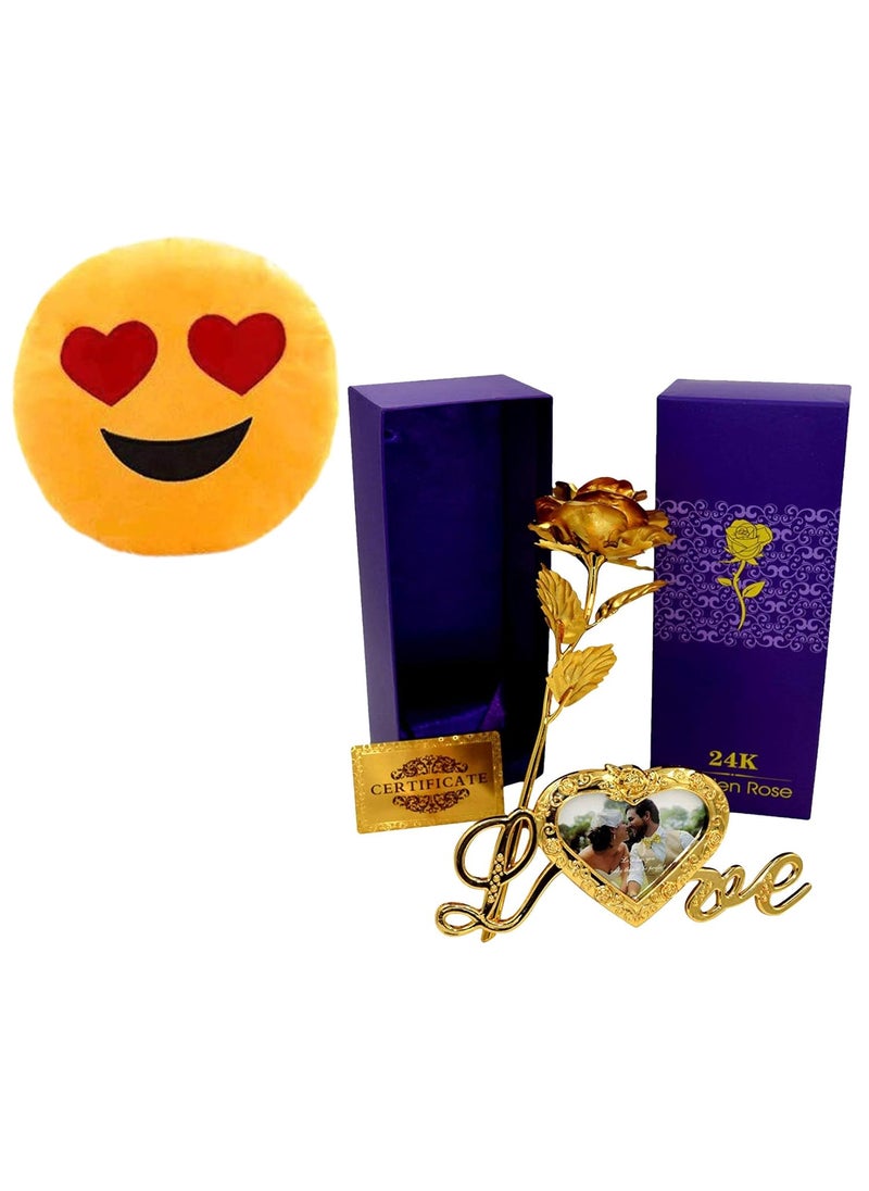 INTERNATIONAL GIFT Golden Rose Flower 25 cm with Photo Frame Love Stand with Luxury Box and Carry Bag with Emoji Heart Smiley PillowCushions