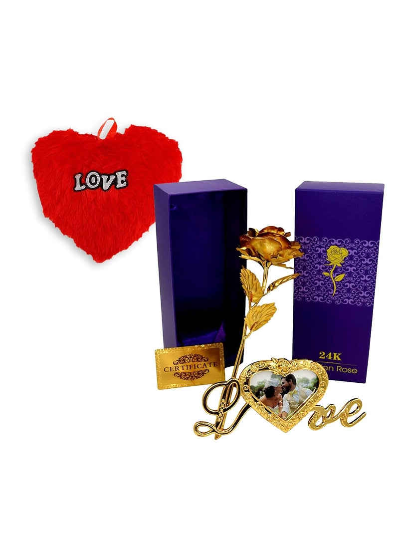 INTERNATIONAL GIFT Golden Rose Flower 25 cm with Photo Frame Love Stand with Luxury Box and Carry Bag with Emoji Heart Smiley PillowCushions