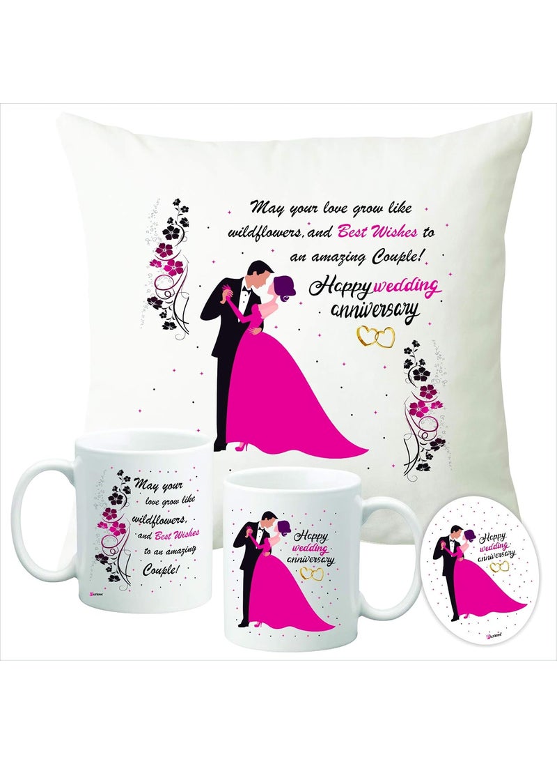 PICRAZEE Happy Wedding for Couples Friends Parents Relatives Printed 1 pc 12 x 12 Cushion with Filler 2 pc White Coffee Mug 1 pc Fridge Magnet