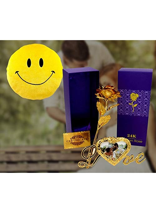 INTERNATIONAL GIFT Golden Rose Flower 25 cm with Photo Frame Love Stand with Luxury Box and Carry Bag with Emoji Smiley PillowCushions
