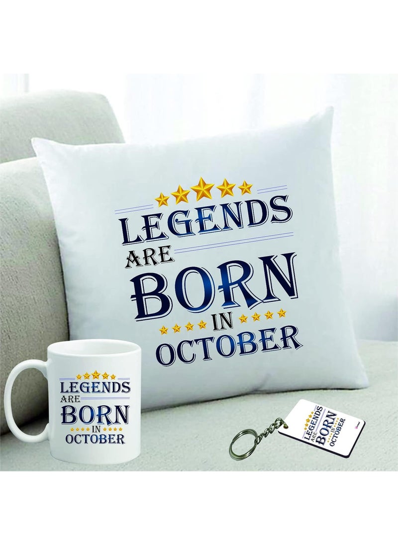 PICRAZEE Legends are Born in October Happy Birthday Gift Combo Set 1 Printed 12 x 12 Satin Cushion with Filler 1 Coffee Mug 1 Key Ring October CMK