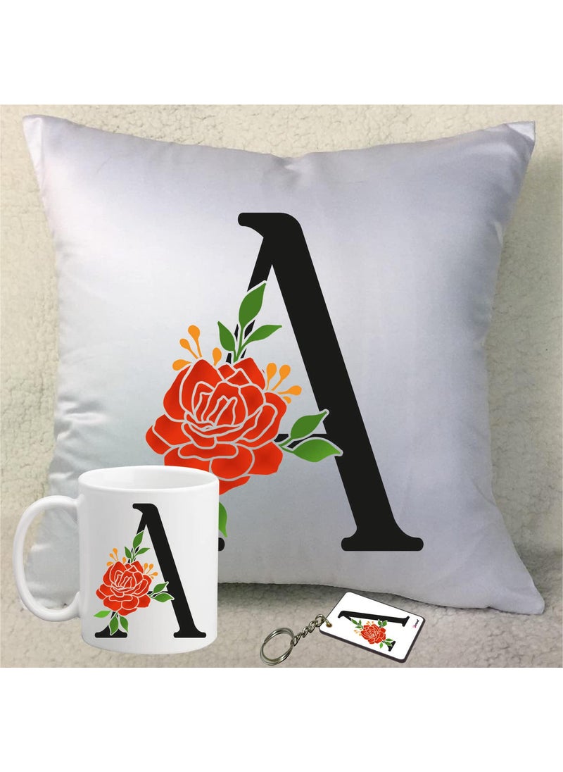 PICRAZEE Name Initials Letter Alphabet Cushion Combos 1 PrintedCushion Cover with Filler1 Printed White Ceramic Mug 1 Printed Key Ring Alphabet A