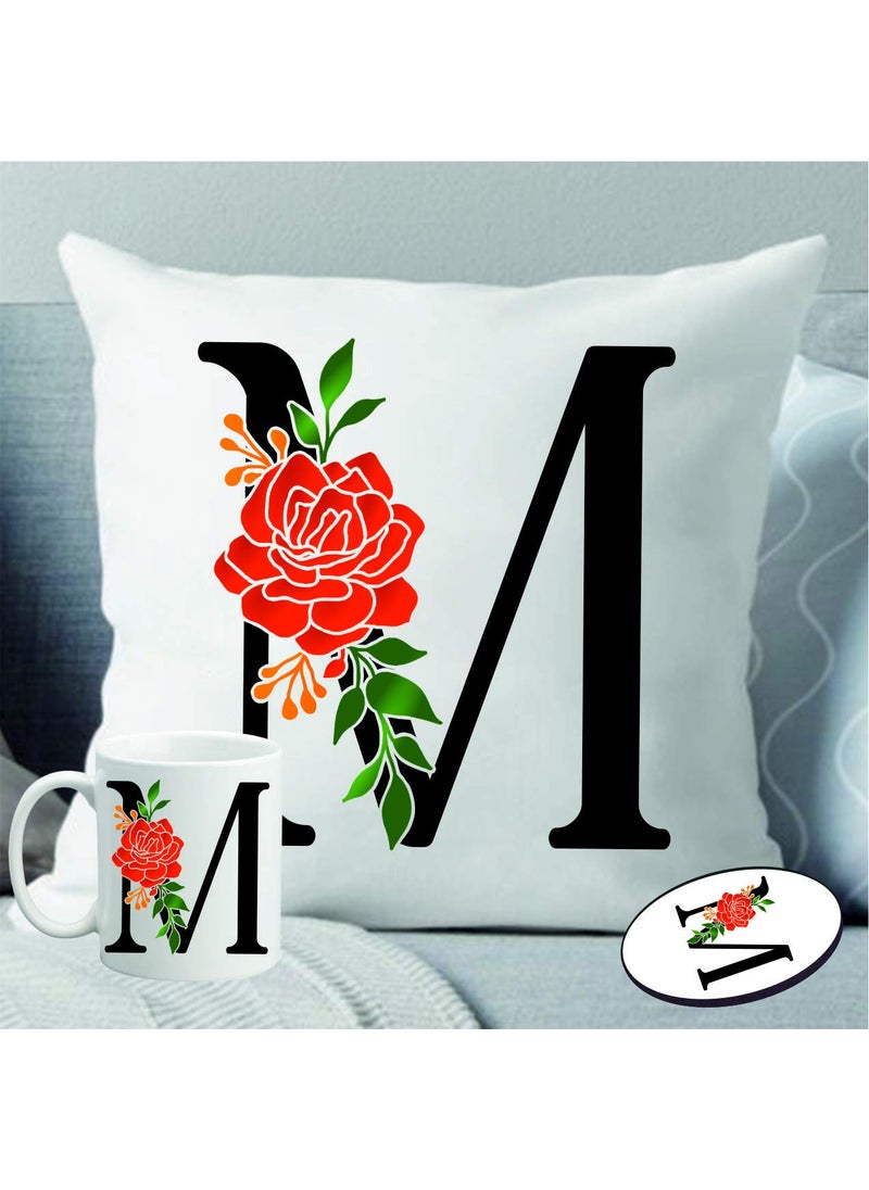 PICRAZEE Name M Initial Letter Alphabet Gift for Birthday Anniversary Raksha Bandhan 12 12inch Cushion Cover with Filler Ceramic Mug Fridge Magnet Alphabet M