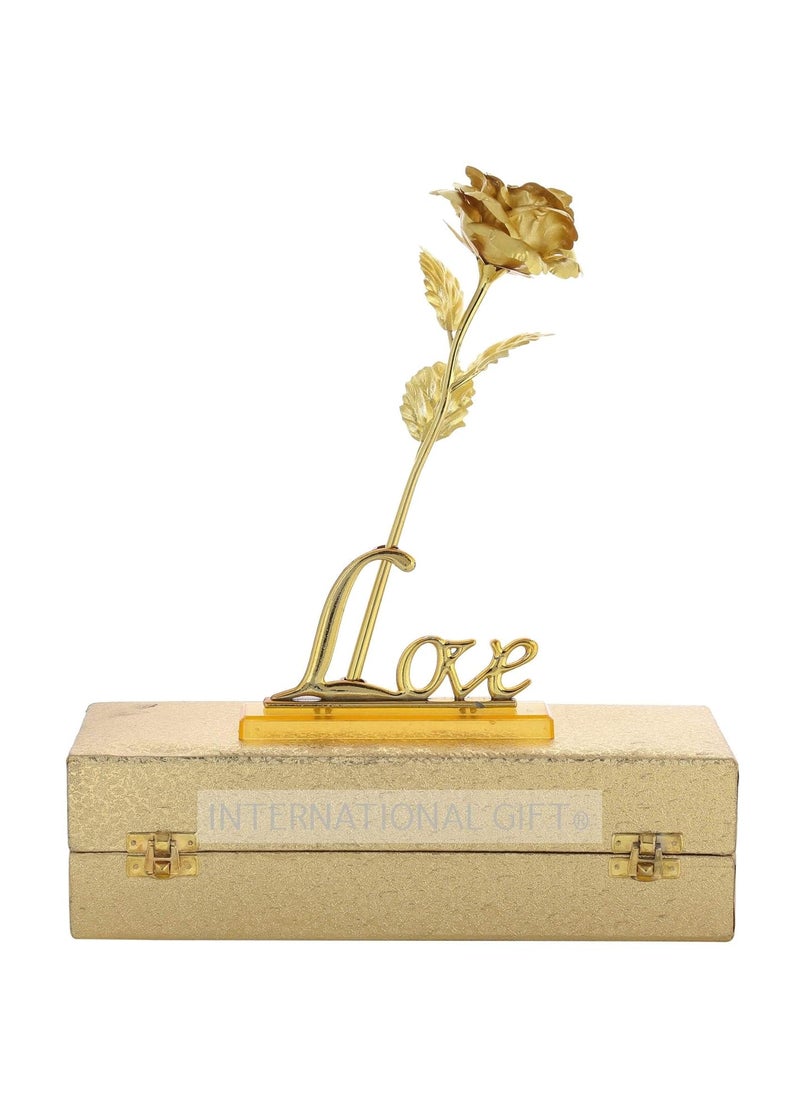 Golden Rose Flower with Golden Leaf with Love Shape Stand and Luxury Golden Gift Box