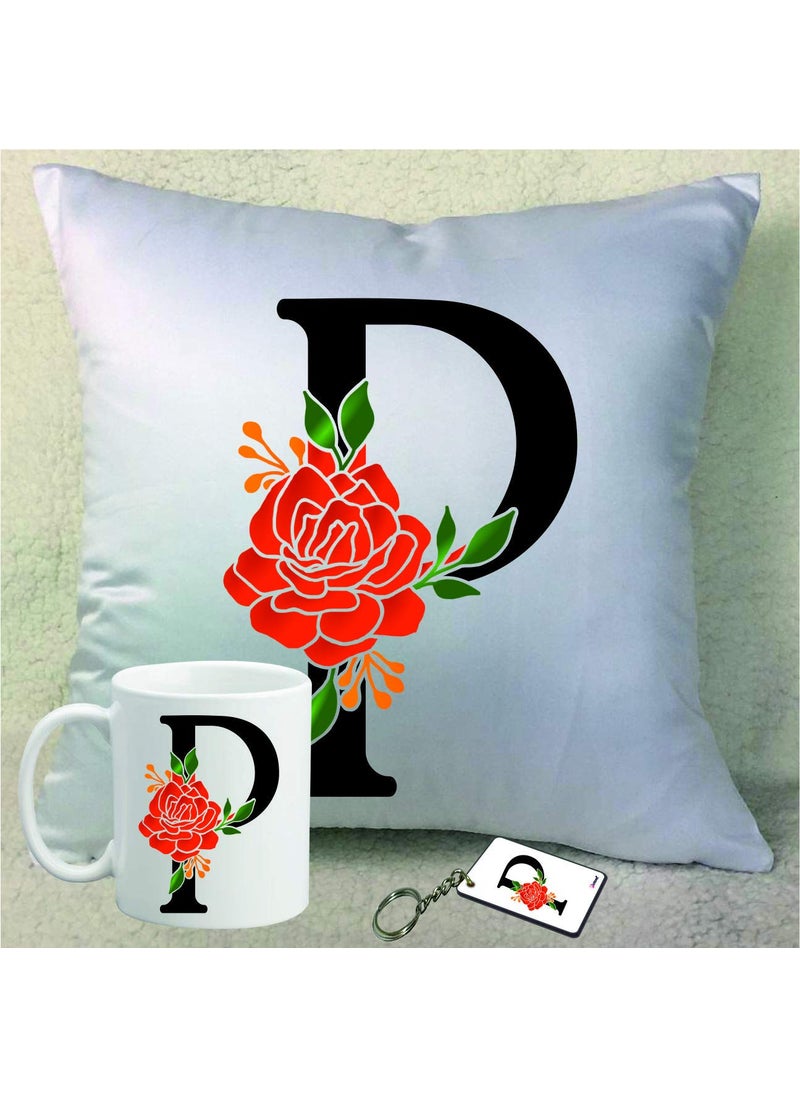 PICRAZEE Name P Initial Letter Alphabet Gift for Birthday Anniversary Raksha Bandhan 12 12inch Cushion Cover with Filler Ceramic Mug Key Ring Alphabet P