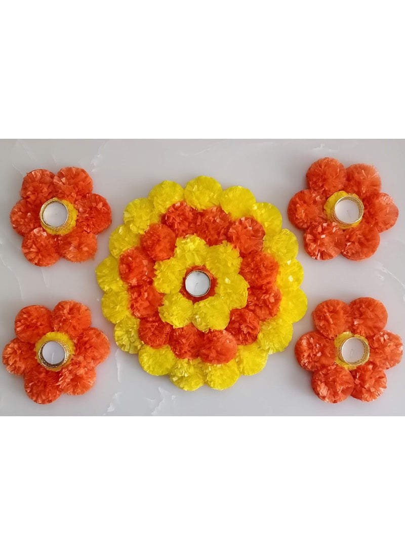 MEHRANSH Unique Designer Handcrafted Plastic Artificial Flowers TealightDiyaCandle Holder Rangoli Mat Orange Lemon Yellow Set of 5