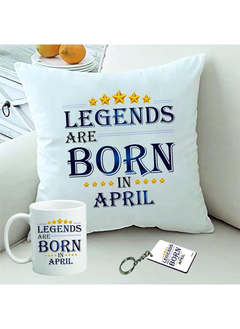 PICRAZEE Legends are Born in April Happy Birthday Gift Combo Set 1 Printed 12 x 12 Satin Cushion with Filler 1 Coffee Mug 1 Key Ring April CMK