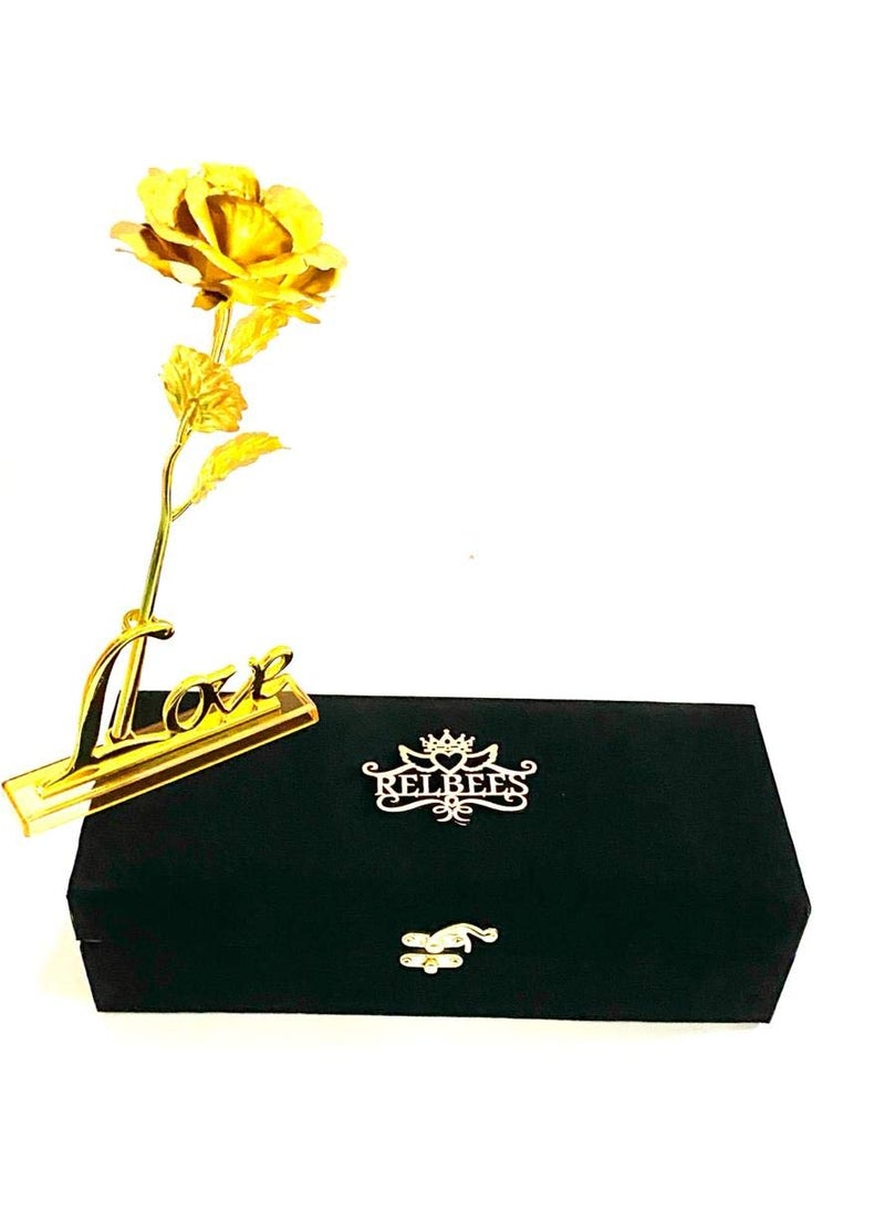 RELBEES AnniversaryBirthdayValentines Day 24K Gold Plated Rose Flower and Love Stand with Box Gold