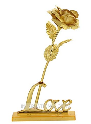 Golden Rose Flower with Golden Leaf with Love Shape Stand and Luxury Gift Box