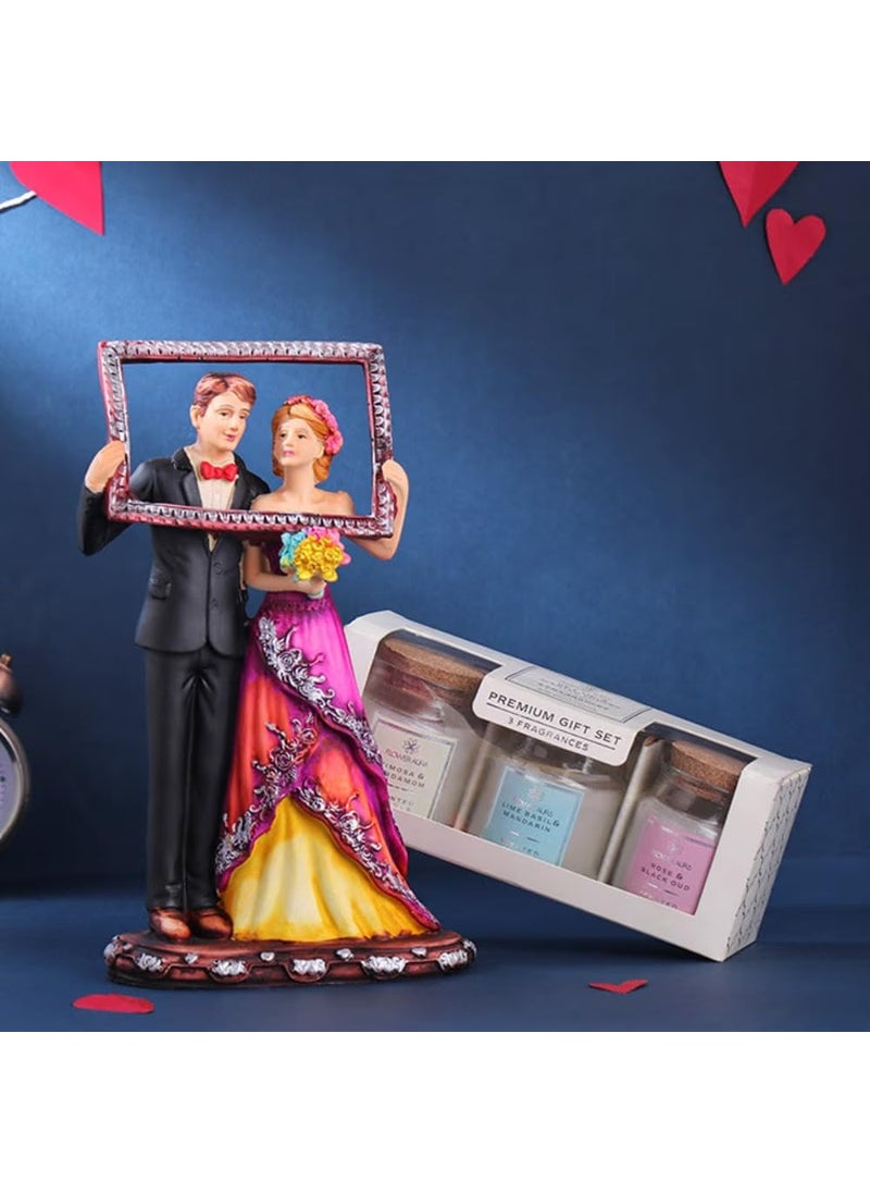 Floweraura Love Special Romantic Framed Loving Couple Showpiece with Elegant 3 Jar Fragrant Candles for Valentines Day Gift Birthday Gift Candle Night Dinner Memorable Occasions