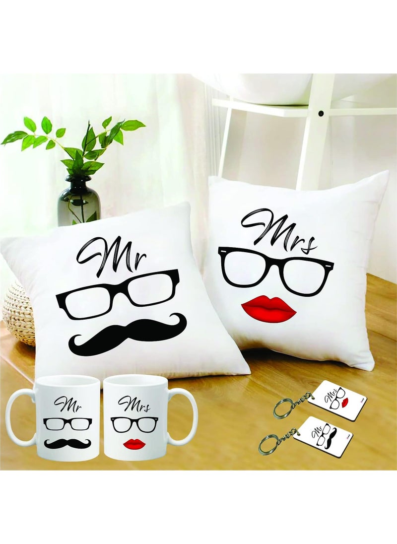 PICRAZEE Mr Mrs Couple Gift Combo for Anniversary Husband and Wife 2 nos of 12x12 Satin Cushion with Filler 2 nos Mugs 2 nos Keyrings 1202