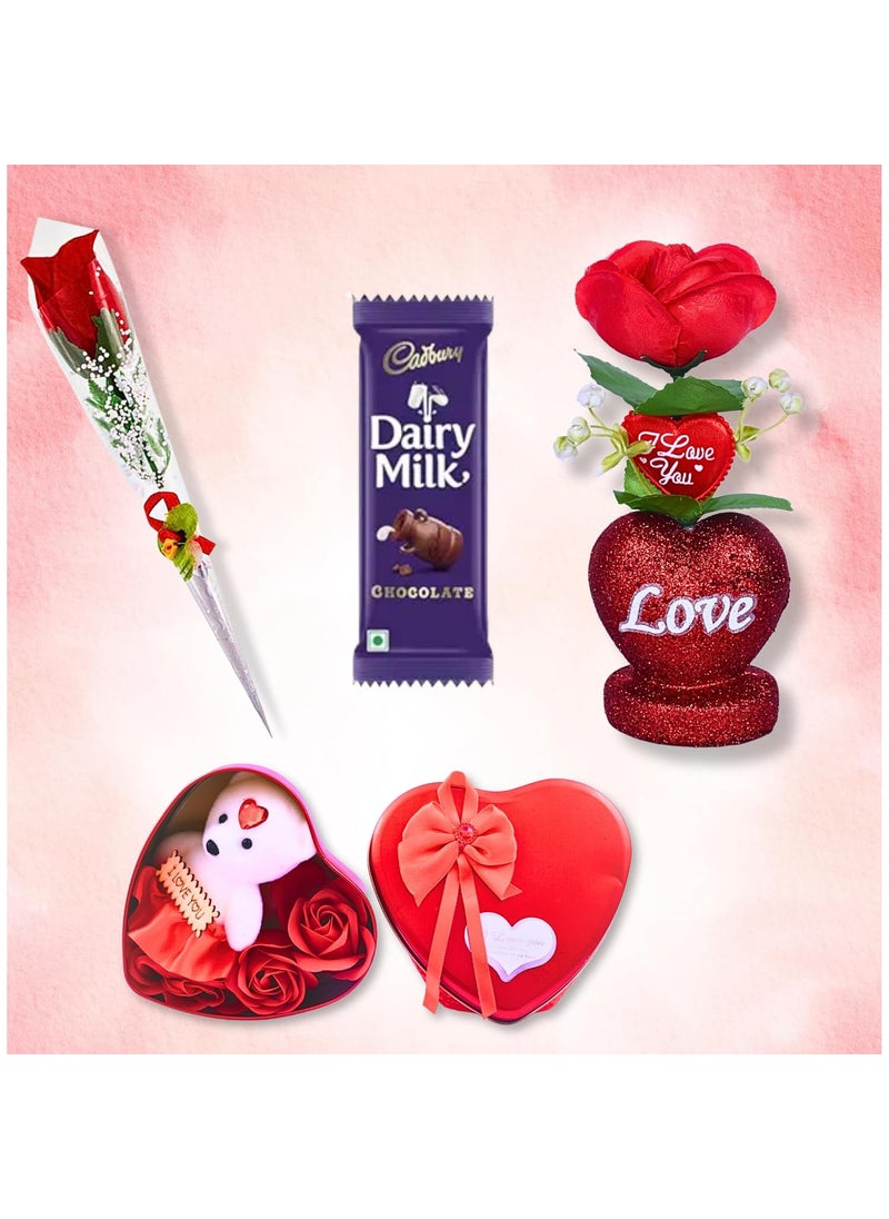Valentines Day Gift Set with Artificial Rose Milk Chocolate Heart Box Love Showpiece 5 Pieces