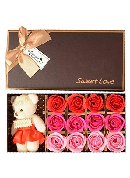 Nihan Enterprises Multicolor Rose Gift Set with Cute Teddy 12 Roses and 1 Teddy