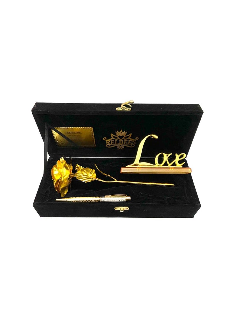 RELBEES Gold Rose with Velvet Gift Box and Crystal Filled Golden Pen Combo Valentines Day GiftValentine Gift for GirlfriendBoyfriendHusbandWifehimherGift for ValentineBirthdayAnniversary
