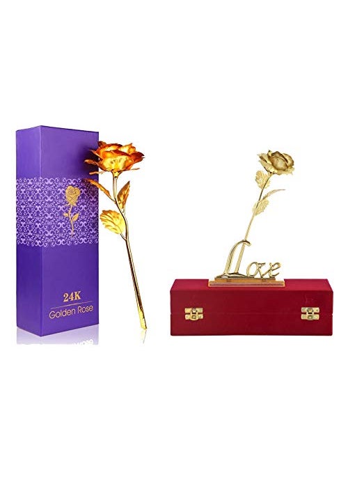 Golden Rose and Golden Rose Flower with Love Shape Stand with Golden Leaf with Red Gift Box
