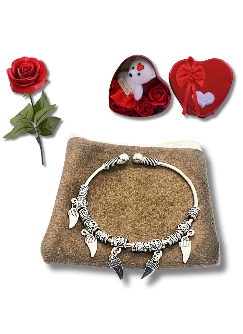 Valentines Day Gift Set with Heart Box Teddy Bear Roses and Silver Charm Bracelet Romantic Love Bundle