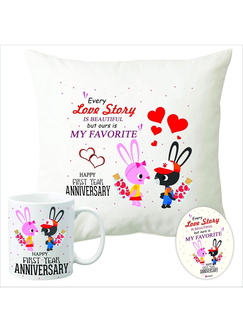 PICRAZEE Happy Anniversary Printed Gift Combo for Spouse Husband Wife Better Half Cushion Combo Printed 1 pc 12 x 12 Cushion with Filler 1 pc White Coffee Mug 1 pc Fridge Magnet