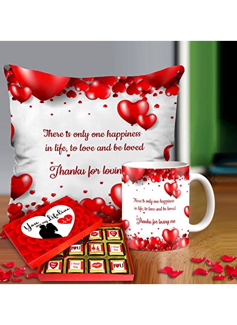Midiron Romantic Gift for Girlfriend Chocolate with Cushion and Coffee Mug Valentines Day Gifts Birthday Gifts for Fiance Gift for Husband Birthday Special Pack 3