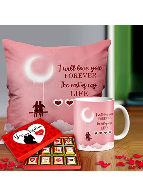 Midiron Romantic Gift for Girlfriend Chocolate with Cushion and Coffee Mug Valentines Day Gifts Birthday Gifts for Wife Birthday Gift Pack 3