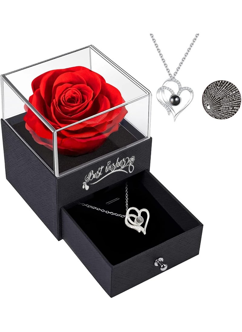 Wrixty Preserved Real Rose with Necklace I Love You in 100 Languages Eternal Flower for Mom Girlfriend Or Wife I Love You Gift