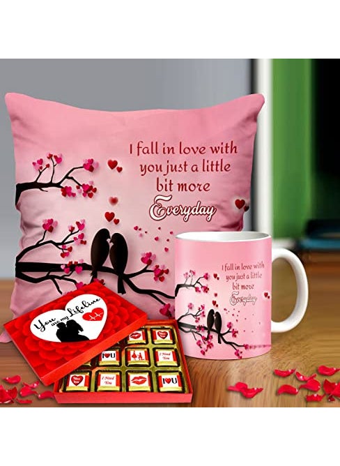Midiron Romantic Gift for Girlfriend Chocolate with Cushion and Coffee Mug Gift for Husband Birthday Gifts for Wife Chocolate Coffee Mug Cushion 16 16 inches
