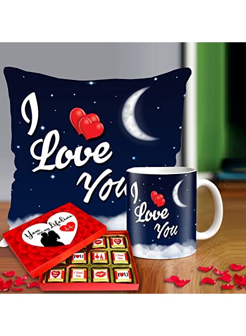 Midiron Romantic Gift for Girlfriend Chocolate with Cushion and Coffee Mug Birthday Gifts for Wife Gift for Husband Birthday Special Pack 3