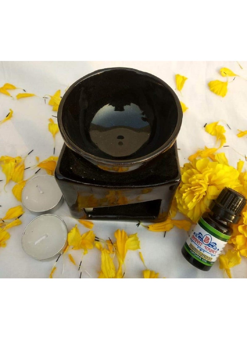 BHARAT SOURCE Ceramic Aroma Diffuser Oil Burner Gift Set with 10 ml Sandalwood Oil and 4 Tealight Candles Black Square for Fragrance