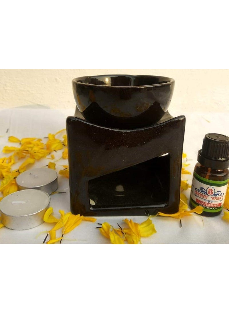 BHARAT SOURCE Ceramic Aroma Oil Burner Gift Set with 10 ml Jasmine Oil and 4 Tealight Candles Black Square for Fragrance