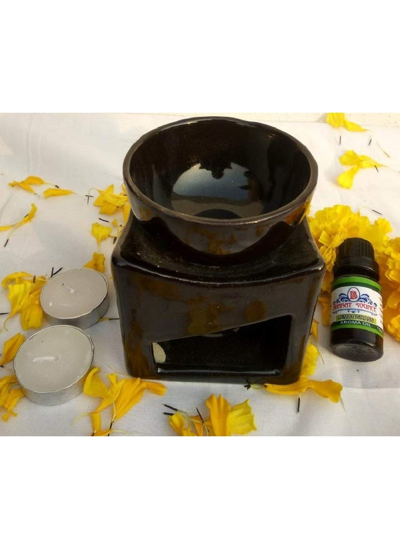 BHARAT SOURCE Ceramic Aroma Burner Oil Diffuser Gift Set with 10 ml Lemon Grass Oil and 4 Tealight Candles Black Square for Fragrance