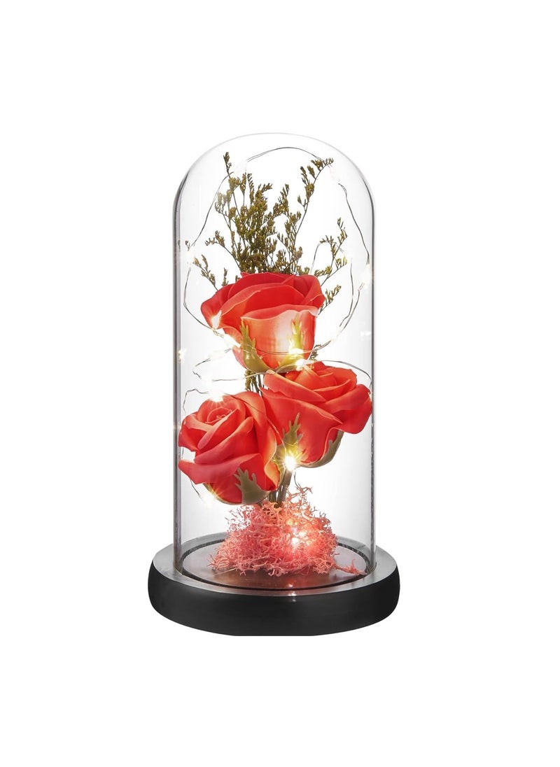 MDS Home Galaxy Glass Rose Flower Led Light Beauty Beast Rose in Glass Dome Forever Rose Flower Kit Enchanted Galaxy Light Gifts for Women Girls on Valentine Birthday 3 Red Rose Flower