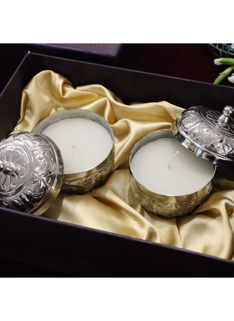 Bigwishbox Chaandni Saath Luxury Gift Box 2 x Silver Plated Noor Bahaar Jasmine Candle with Lid Keepsake Box Medium Handwritten Note Card