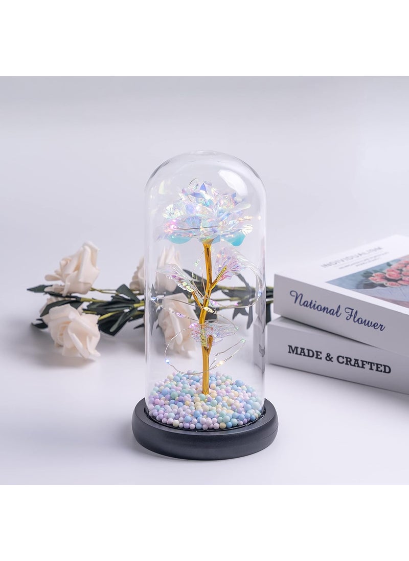 MDS Home Rose Glass Rose Flower Led Light Beauty Beast Rose in Glass Dome Forever Rose Flower Kit Enchanted Galaxy Light Gifts for Women Girls on Valentine Birthday Rose White Thermocol Goli