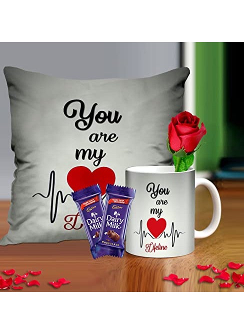 Midiron Romantic Gift for Girlfriend Birthday Gift for Wife Gift for Spouse Microfiber Filler Cushion Coffee Mug Artificial Rose 2 Dairy Milk Chocolate Pack of 4