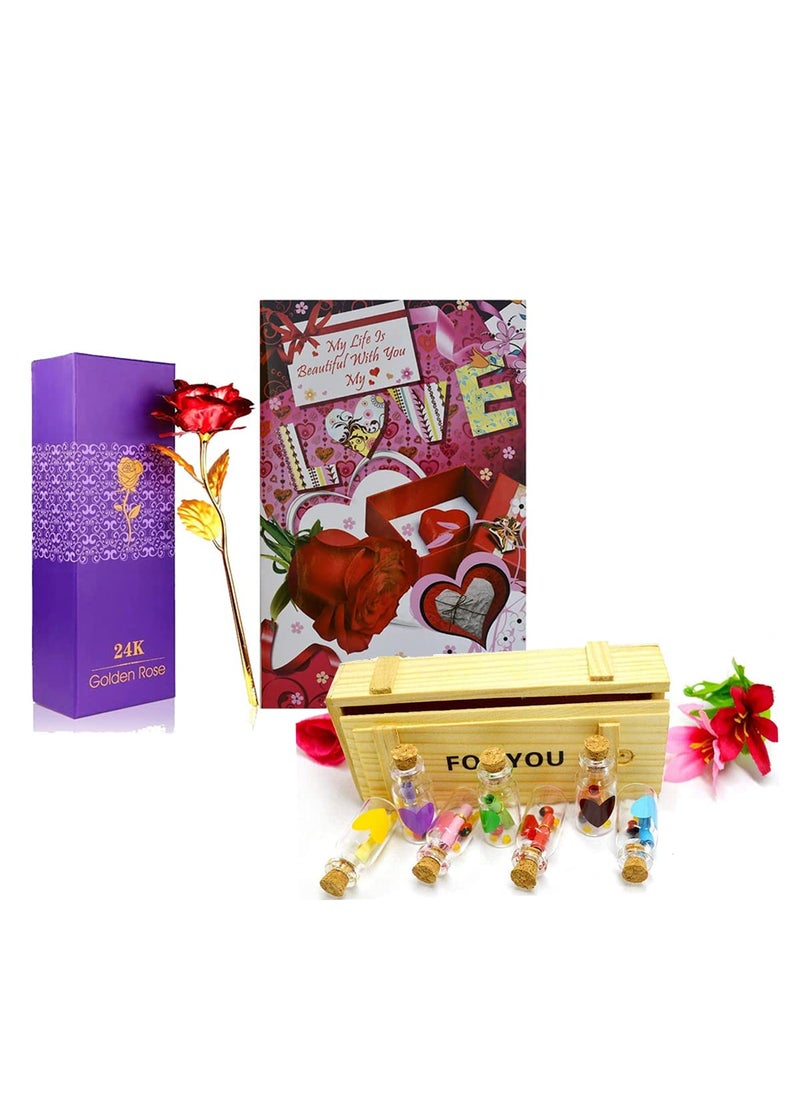 Natali Traders Love Gift for Boyfriend Girlfriend Artificial Red Rose with 7 Message Bottle Set with Wooden Box and Love Greeting Card Birthday Gift