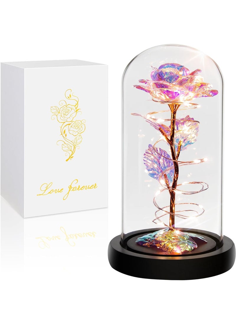 MDS Home Rose Glass Rose Flower Led Light Beauty Beast Rose in Glass Dome Forever Rose Flower Kit Enchanted Galaxy Light Gifts for Women Girls on Valentine Birthday Rose White