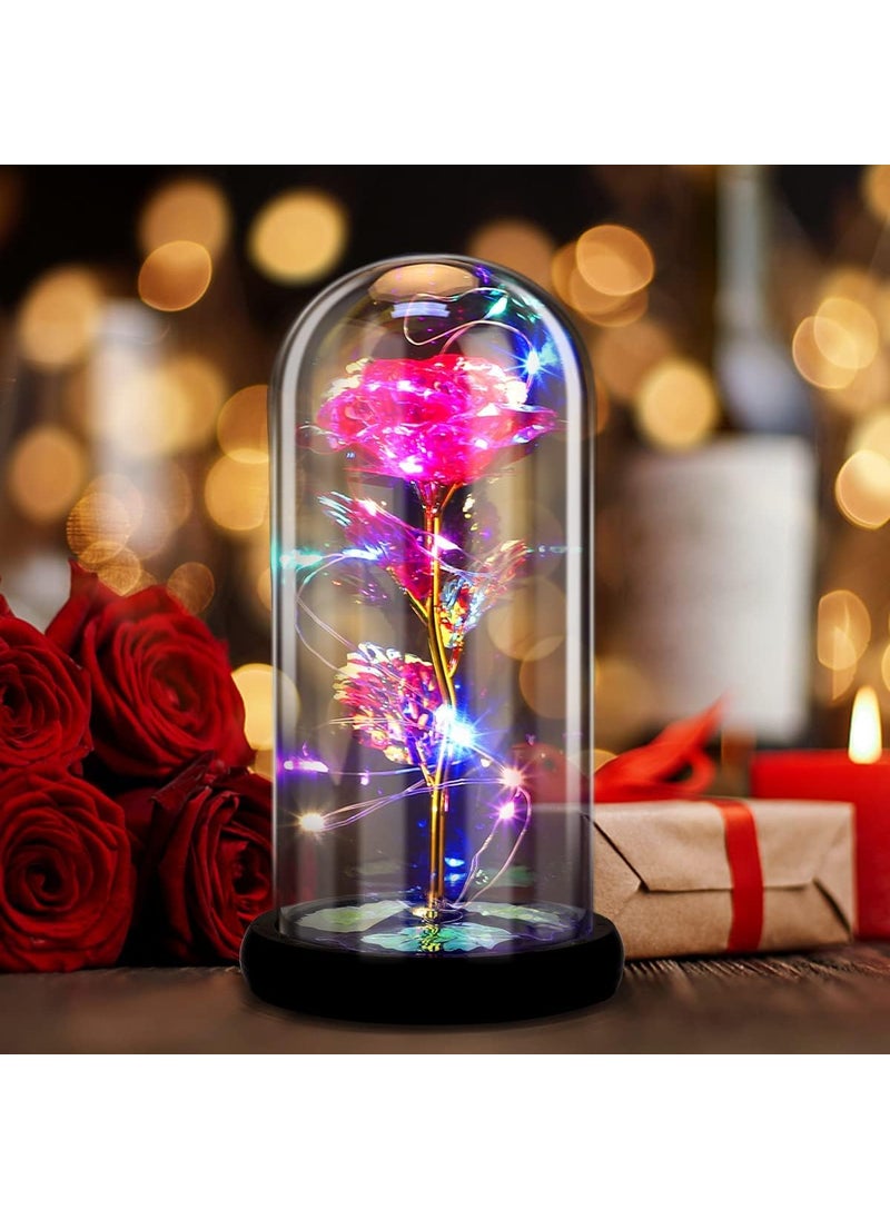 MDS Home Rose Glass Rose Flower Led Light Beauty Beast Rose in Glass Dome Forever Rose Flower Kit Enchanted Galaxy Light Gifts for Women Girls on Valentine Birthday Rose Pink