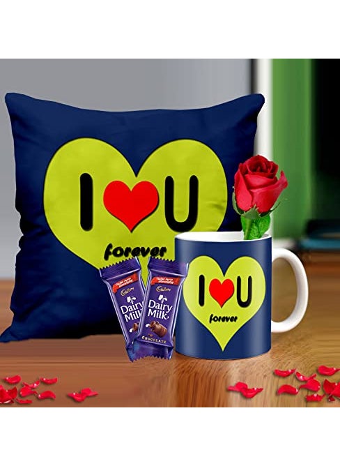 Midiron Romantic Gift for Girlfriend Gift for Valentine Day Birthday for Fiance Cushion Mug Rose Chocolate Pack of 4