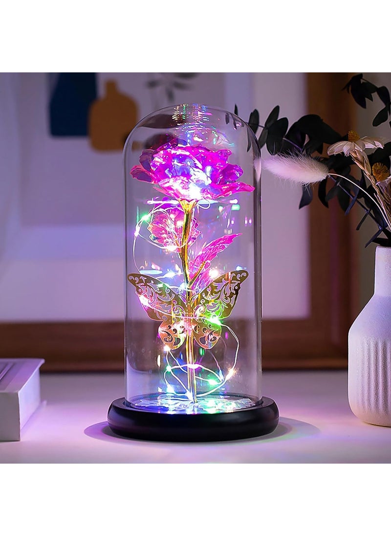 MDS Home Rose Glass Rose Flower Led Light Beauty Beast Rose in Glass Dome Forever Rose Flower Kit Enchanted Galaxy Light Gifts for Women Girls on Valentine Birthday Butterfly Rose Pink