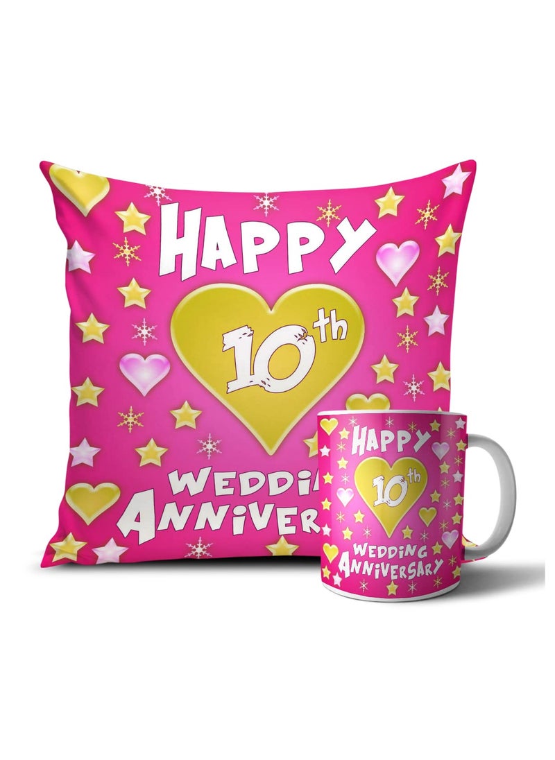 MUKESH HANDICRAFTS Happy 10th Anniversary Cushion MugPillow for Gifting on Birthdays Wedding to CoupleHusband Wife Friends Color Pink 12 x 12 inch