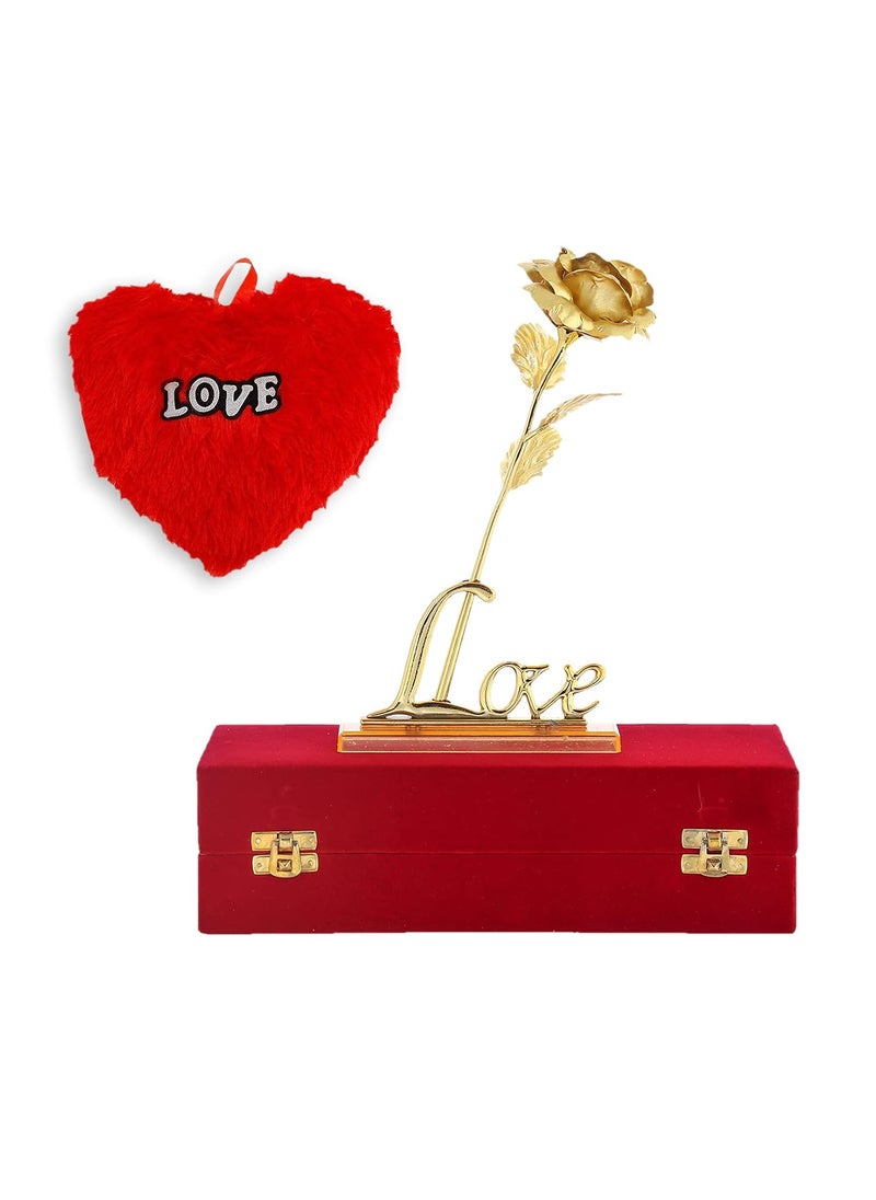 INTERNATIONAL GIFT Golden Rose and Love Stand with Red Velvet Box and Heart Shape Red PillowCushions 25 cm