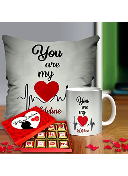 Midiron Romantic Gift for Girlfriend Chocolate with Cushion and Coffee Mug Valentines Day Gifts Birthday Gifts for Wife Gift for Husband Birthday Special Pack 3