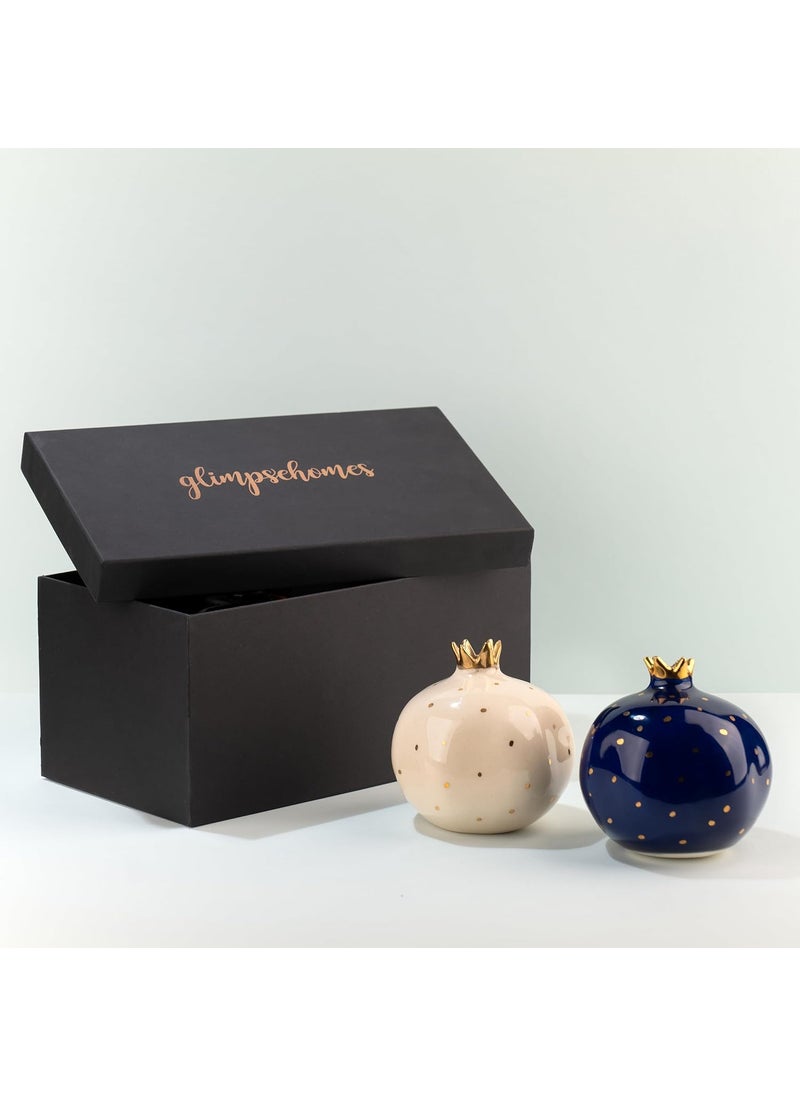 Glimpse Homes Premium Gift Set Set of 2 Ceramic Pomegranate Showpieces Gold Plated Crown 4 inch Blue White