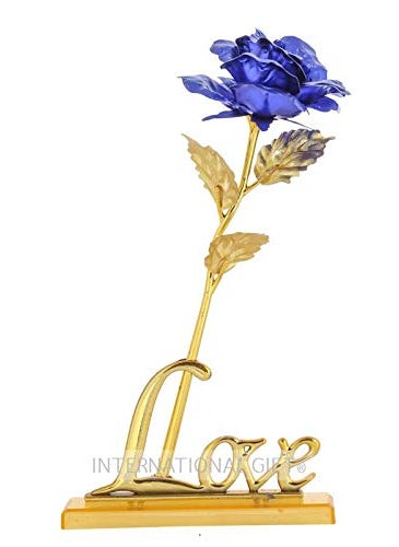 SMILES GIFT Blue Rose and Beautiful Love Stand with Beautiful Black Velvet Box