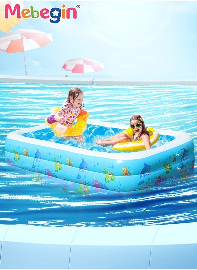 130*90*48cm Rectangle Shape Inflatable Swimming Pool with Marine Animal Print, Thickened Swimming Pool, Paddling Pool with Inflatable Safety Bubble Bottom, Durable Multifunctional Blow up Pool, Fami