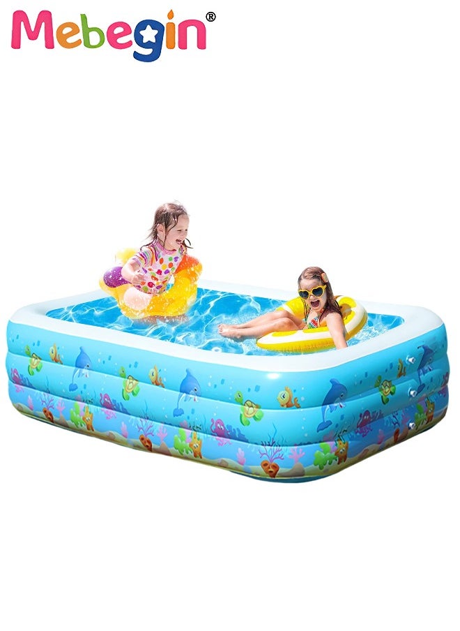 130*90*48cm Rectangle Shape Inflatable Swimming Pool with Marine Animal Print, Thickened Swimming Pool, Paddling Pool with Inflatable Safety Bubble Bottom, Durable Multifunctional Blow up Pool, Fami