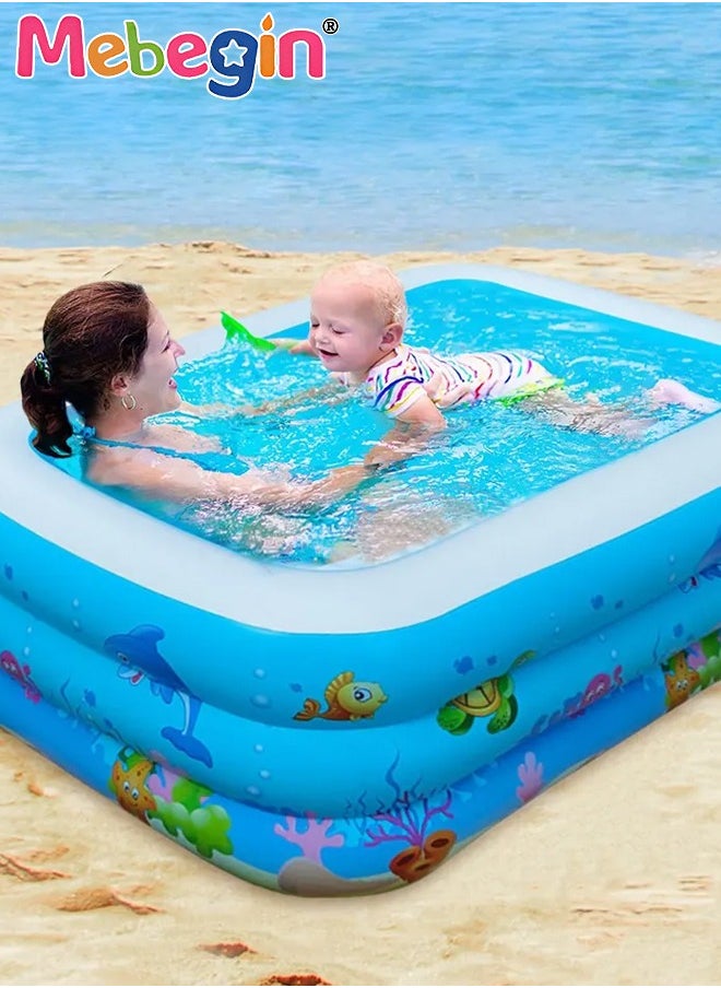 130*90*48cm Rectangle Shape Inflatable Swimming Pool with Marine Animal Print, Thickened Swimming Pool, Paddling Pool with Inflatable Safety Bubble Bottom, Durable Multifunctional Blow up Pool, Fami