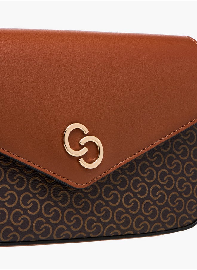 Women's Monogram Print Crossbody Bag with Chain Strap and Button Closure