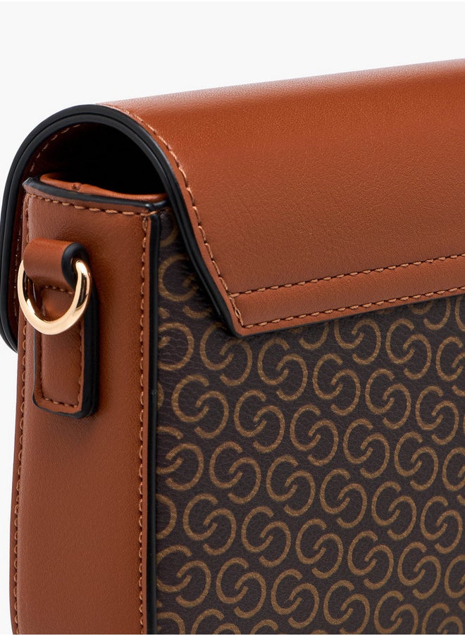 Women's Monogram Print Crossbody Bag with Chain Strap and Button Closure